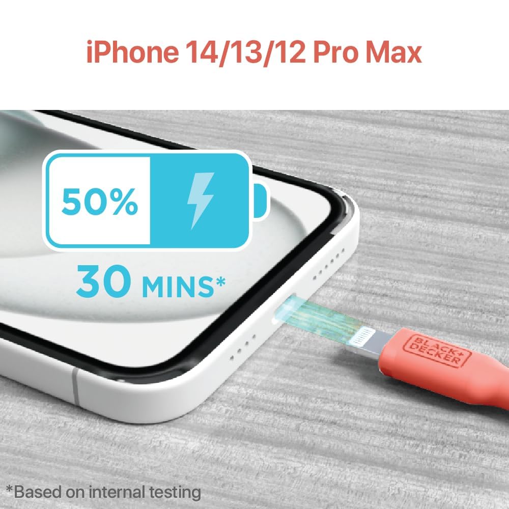 BLACK+DECKER Lightning to USB Cable - Fast Compatible iPhone Lightning Cable - Durable Braided iPhone Charger Cord - for Travel and Daily Use - Multiple Color + Length Options - 6ft