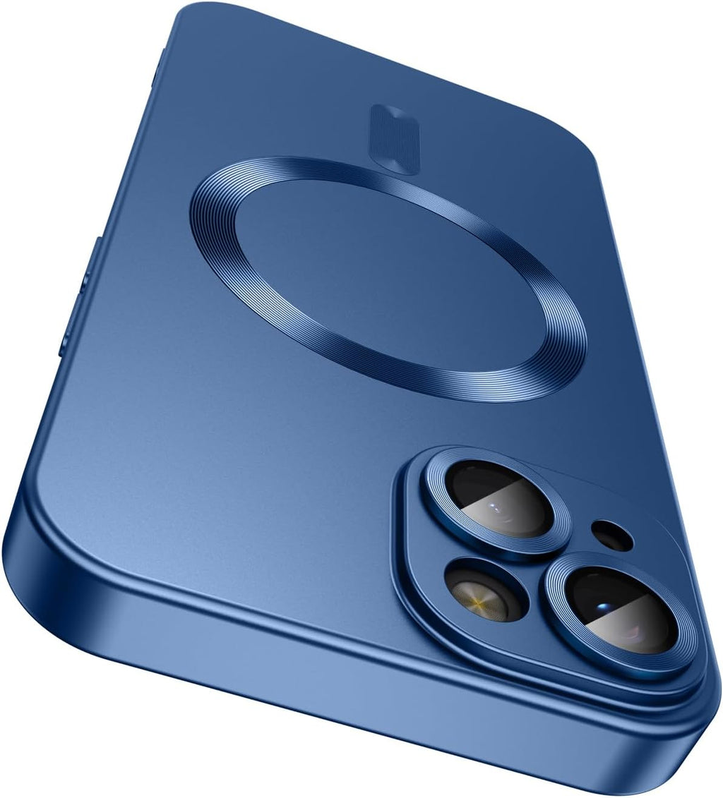 Magnetic for iPhone 14 Plus Case [Compatible with MagSafe][Built-in Camera Lens Protector] Slim Soft Silicone Bumper Shockproof Metallic Luster Phone Case (Blue)
