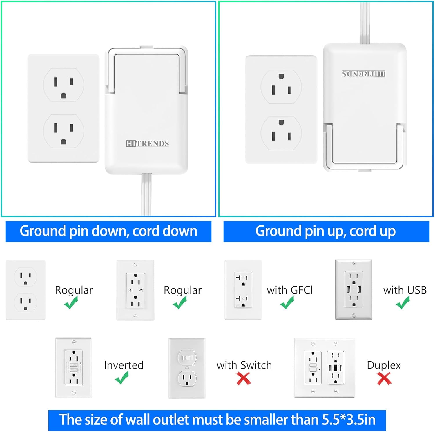 6FT Ultra Flat Plug Extension Cord with 3 Outlets, Ultra-Thin Outlet Cover Power Bar, Universal Size Flat Plug Power Strip, Child & Pet Safe, 1625W