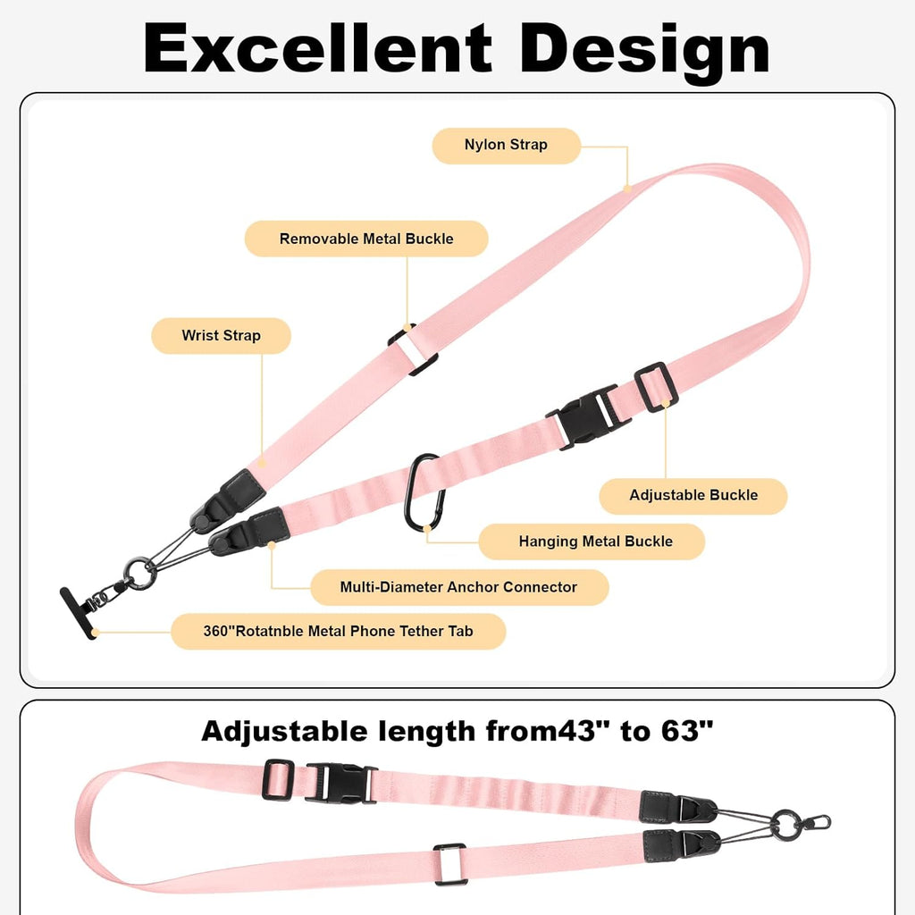 Adjustable Crossbody Phone Lanyard, Universal Phone Wrist Strap and Phone Neck Strap with Tether Tab, Phone Lanyard with Quick Release, Suitable for iPhone and Most Smartphones, Light Pink