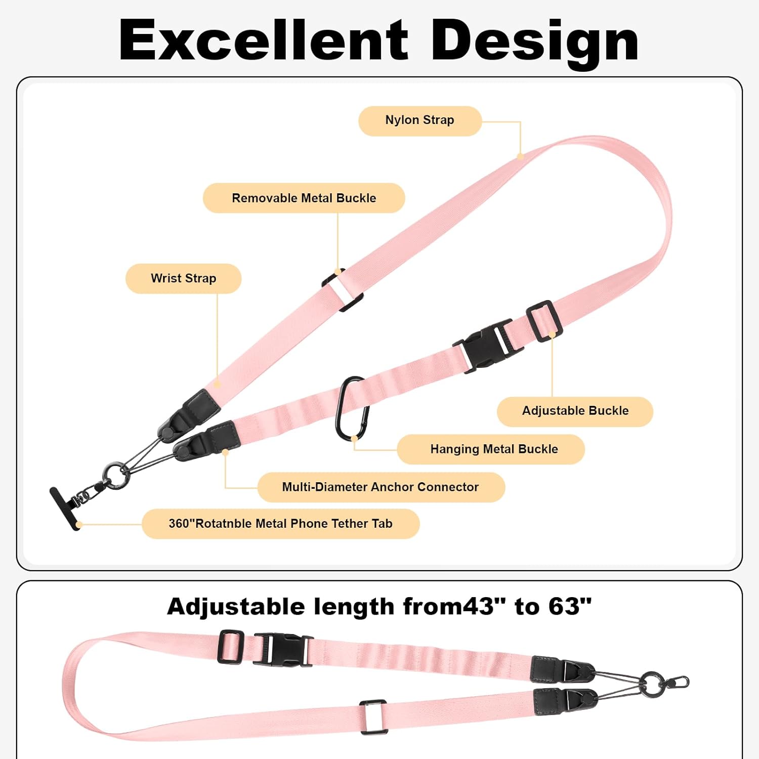Adjustable Crossbody Phone Lanyard, Universal Phone Wrist Strap and Phone Neck Strap with Tether Tab, Phone Lanyard with Quick Release, Suitable for iPhone and Most Smartphones, Light Pink