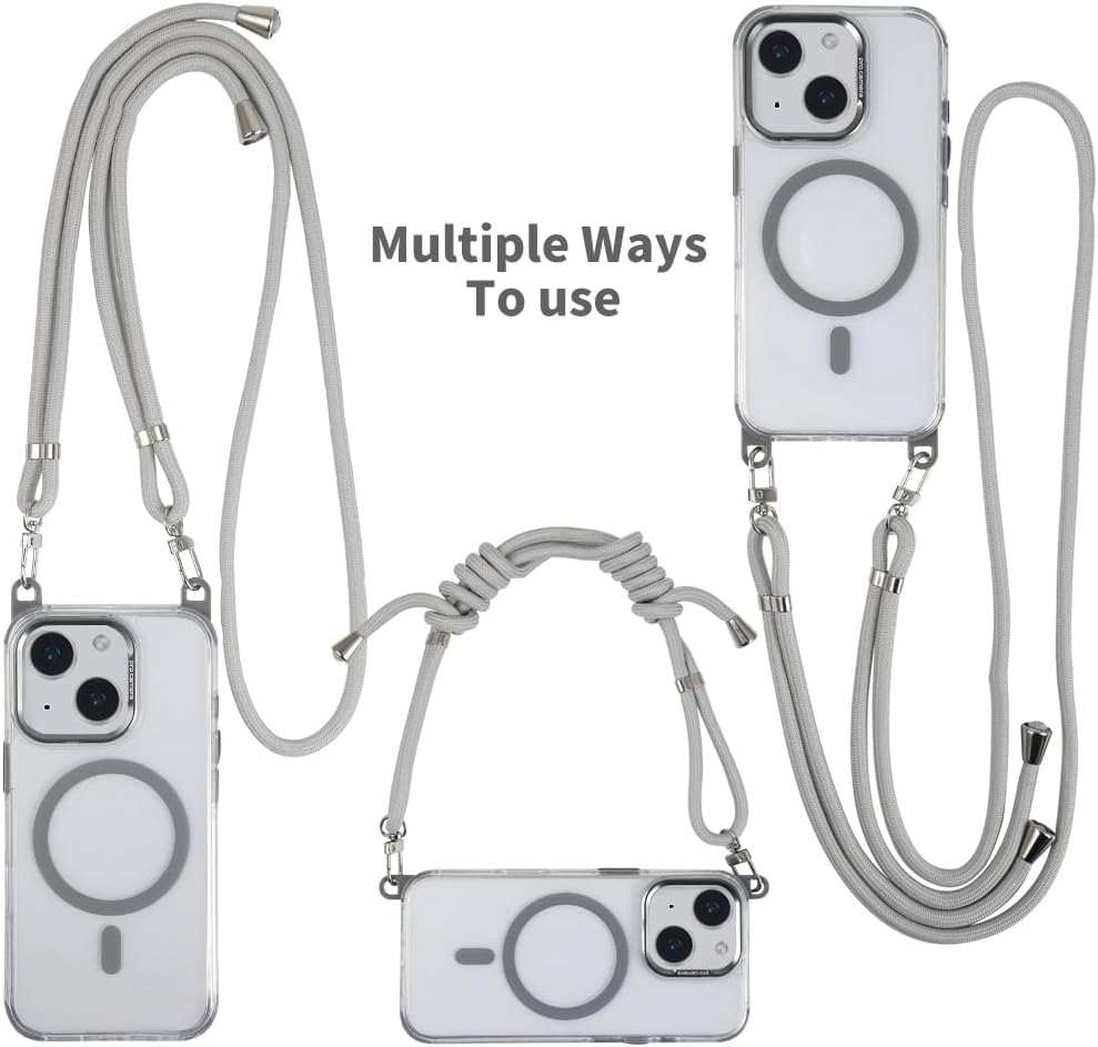 for iPhone 15 Case with 62.99 inch Lanyard, Classic Clear&Gray Magnetic Phone Case, Drop&Shockproof Protection Cases, Phone Lanyard for Around The Neck, Compatible with Magnet Accessory