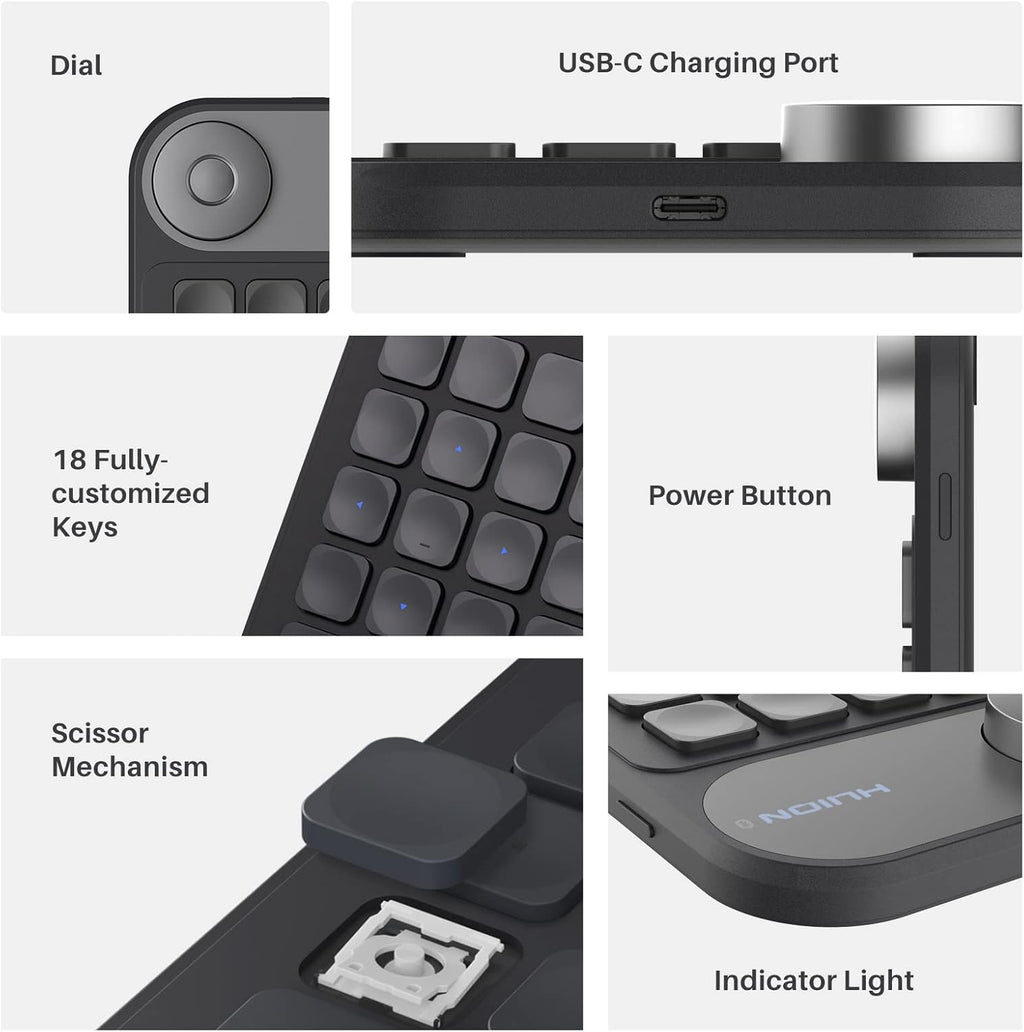 HUION Keydial Mini Bluetooth Programmable Keypad with Dial 5 Keys Anti-ghosting 18 Customized Keys, Wireless Shortcut Keyboard for Drawing Tablet, PC, MacBook, Surface Pro, Laptops