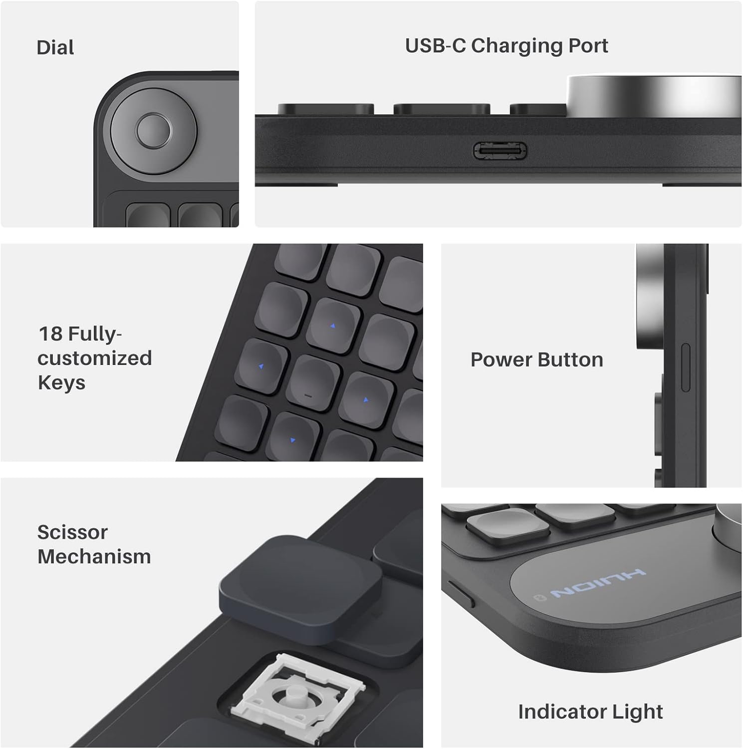 HUION Keydial Mini Bluetooth Programmable Keypad with Dial 5 Keys Anti-ghosting 18 Customized Keys, Wireless Shortcut Keyboard for Drawing Tablet, PC, MacBook, Surface Pro, Laptops
