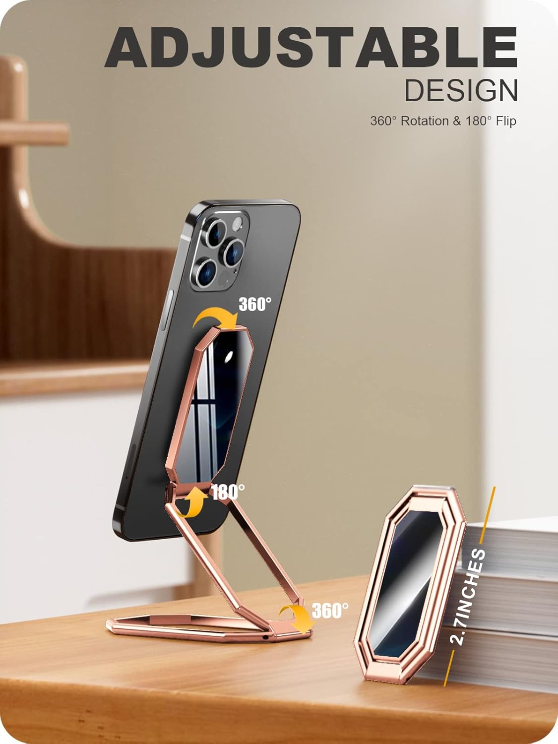 A-LuGei 𝗙𝗼𝗹𝗱𝗮𝗯𝗹𝗲 & 𝗔𝗱𝗷𝘂𝘀𝘁𝗮𝗯𝗹𝗲 Cell Phone Ring Holder Stand, Phone Kickstand for Desk, Cell Phone Holder for Hand, Ring for Back of iPhone, Metal Phone Grip for Magnetic Car Mount
