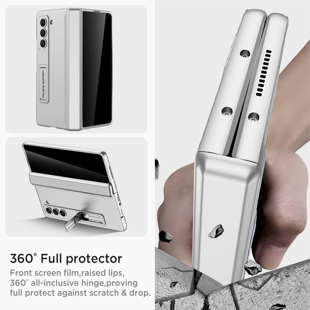 Miimall for Samsung Galaxy Z Fold 5 Case with Privacy Screen Protector, Built-in Adjustable Kickstand & Magnetic Hinge Protection All-Inclusive Protective Case for Galaxy Z Fold 5 5G(Silver)