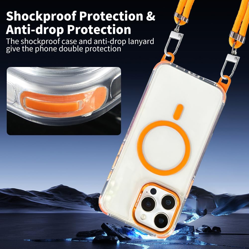 Cases for iPhone 14 Pro with 62.99 inch Lanyard Strap, Compatible with MagSafe, Classic Clear&Orange Phone Cover Non-Yellowing, Hands-Free Phone Case Drop&Shockproof, Adjustable Phone Lanyard