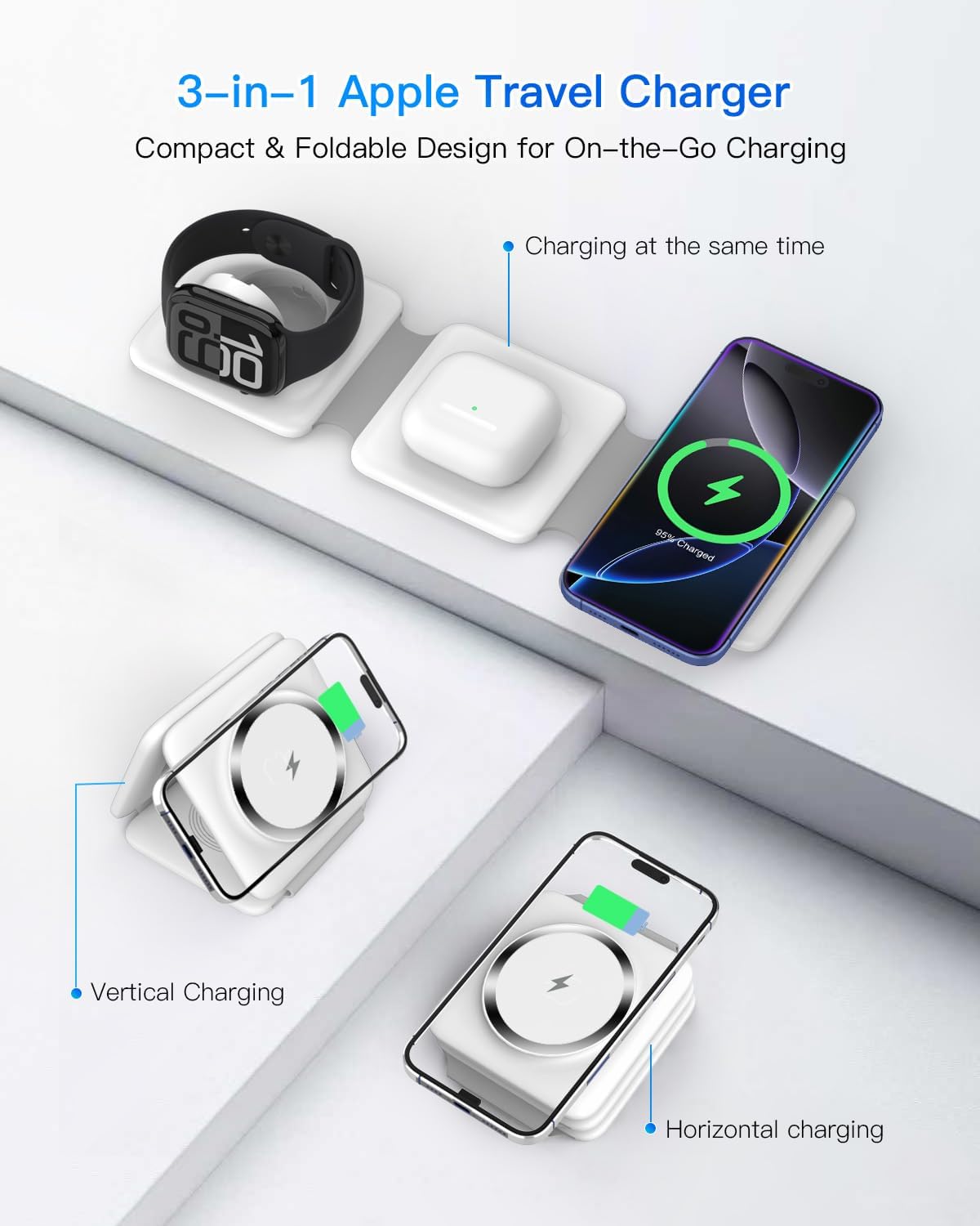 Charging Station for Apple Multiple Devices - 3 in 1 Foldable Magnetic Wireless Charger Dock - Travel Charging Pad for iPhone 16 15 14 13 12 Pro Max Plus Watch & Airpods