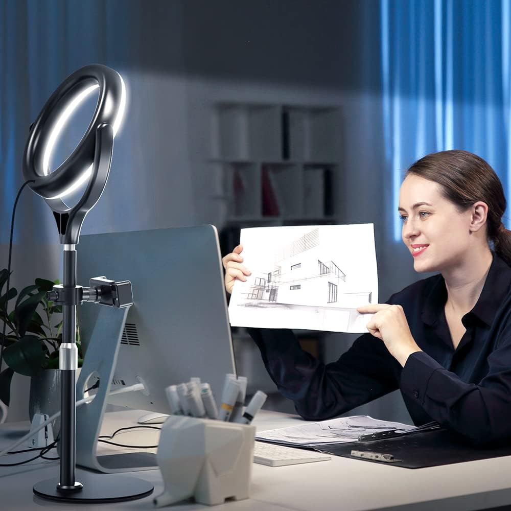 8 inch Desk Ring Light with Stand, Adjustable Computer Circle Light for Video Conference Lighting, Zoom Calls, Virtual Meeting, Video Recording, Selfie Light with Phone Holder for Streaming, Podcast