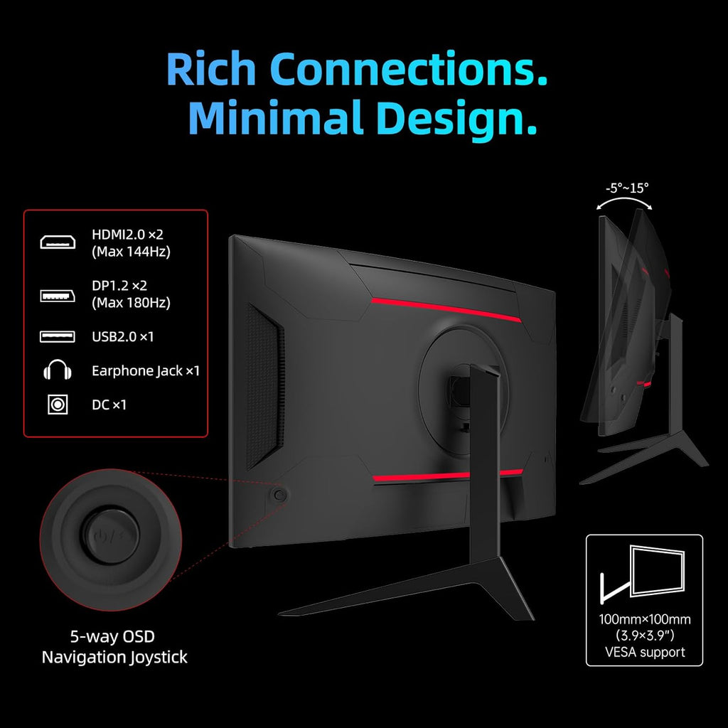 KTC 27 inch WQHD 180Hz 1ms Curved Gaming Monitor 1440P 144Hz Monitor 132% sRGB HVA FreeSync DisplayPort/HDMI/USB VESA Computer Monitor for Gamers (DP Cable Included)