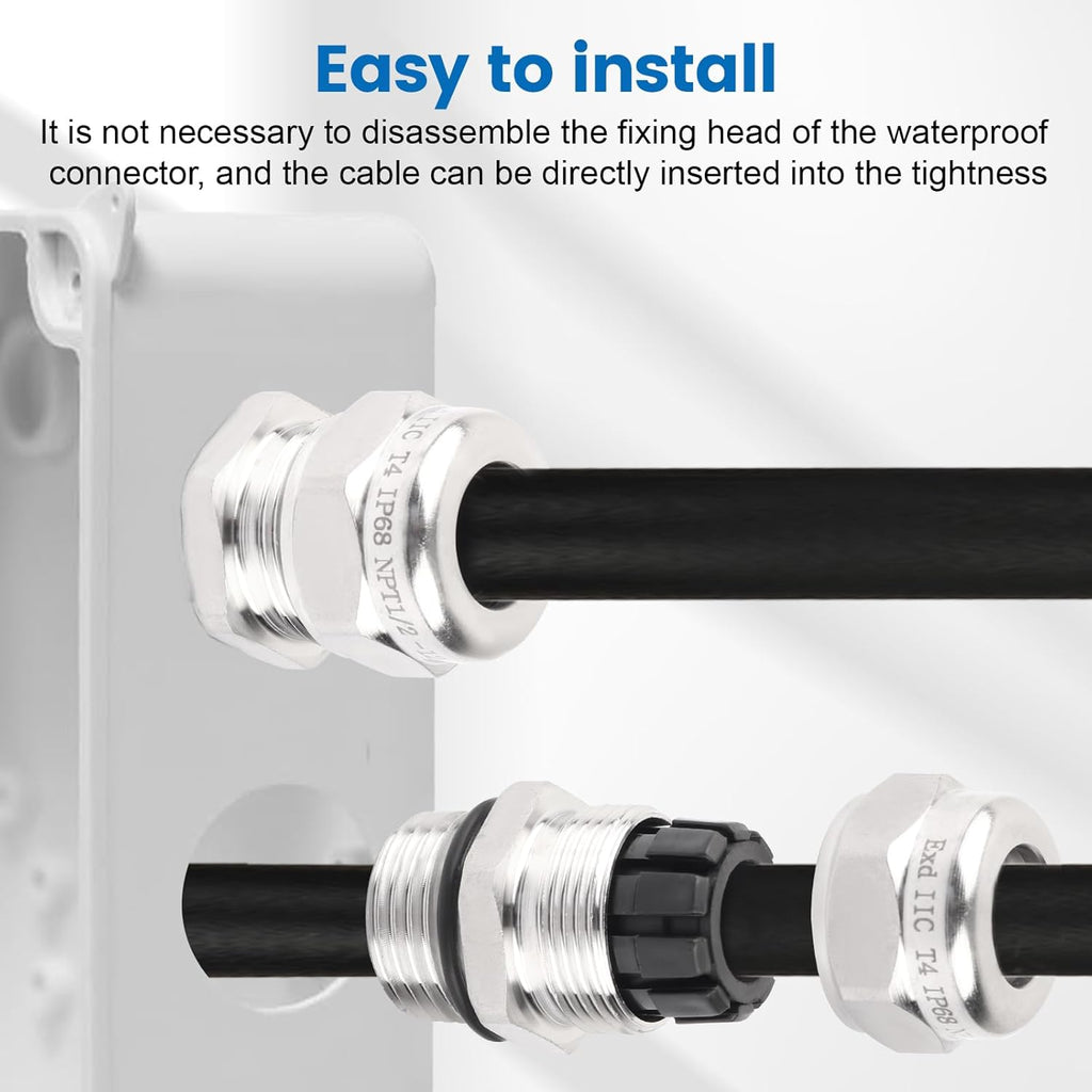 2 Pcs 1/2" NPT Stainless Steel Waterproof Cable Gland, IP68 Waterproof Adjustable Cable Glands, Strain Relief Cord Grip Connectors with Gaskets and Locknut for 6-12mm Cable Diameter