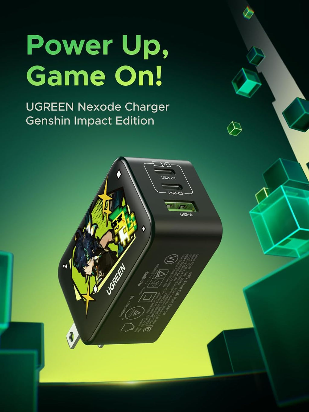 UGREEN 65W USB C Charger Block, Nexode 3-Port GaN Fast Type C Charger, Compact Foldable Power Adapter for MacBook Pro/Air, Dell XPS, iPhone 16/15, iPad Pro, Galaxy S25, (Genshin Impact Edition)