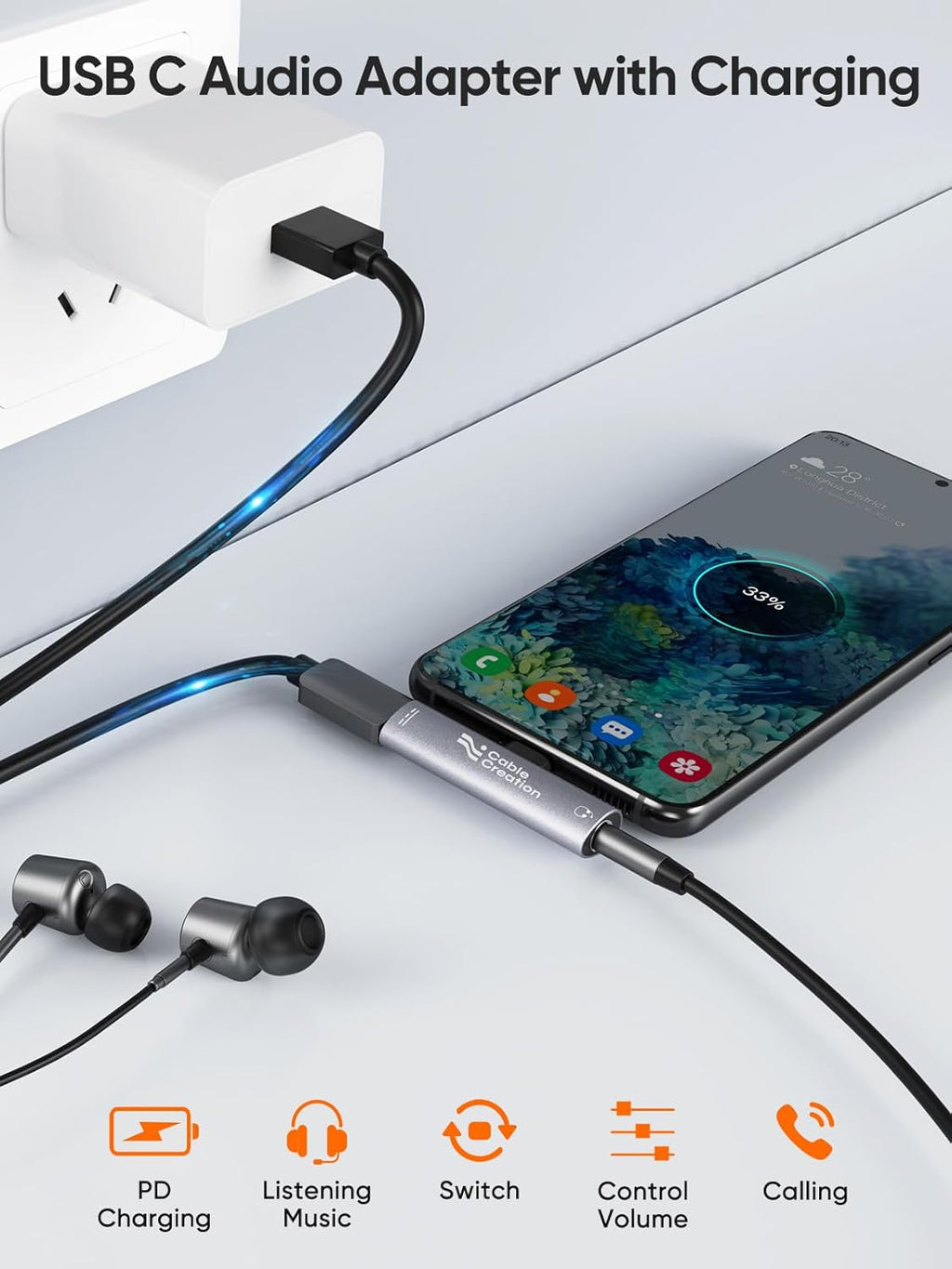 CableCreation USB C to 3.5mm Headphone and Charger Adapter, 2 in 1 Type-C to 3.5mm Audio Hi-Res with PD Fast Charge, USB C to Aux with Charging Dongle for iPhone 16 15 Pro Max, Galaxy 24+, Pixel, iPad