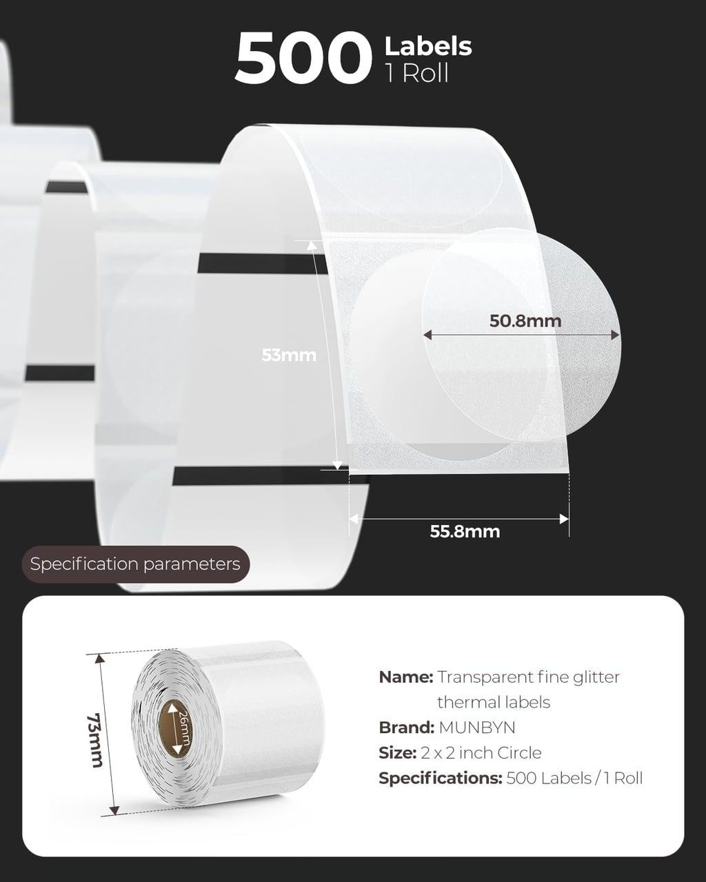 MUNBYN 2 Inch (50.8mmx50.8mm) Silver Fine Glitter Thermal Labels, Round Thermal Printer Stickers for Small Businesses, 500 Labels/1 Roll