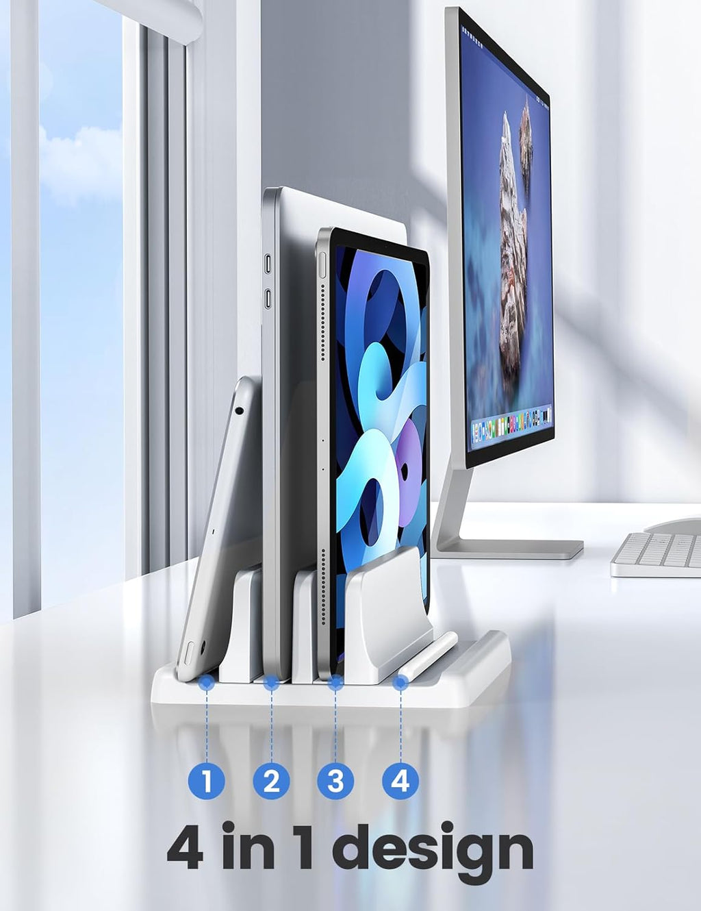 Vaydeer Vertical Laptop Stand for Desk, Dual Slots Plastic Laptop Holder with Space Saving 4-in-1 Design, Adjustable Laptop Stand Supports MacBook, Chromebook, Surface, Dell (White)