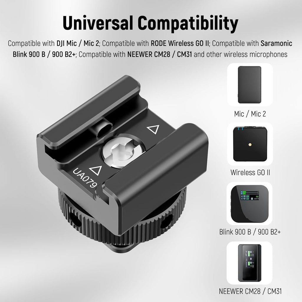 NEEWER Cold Shoe Mount Adapter Compatible with DJI Mic 2 Rode Wireless GO II Hollyland Saramonic NEEWER Wireless Mini Microphone, Anti Interference Offset Contact Design for Speedlite Flash, UA079