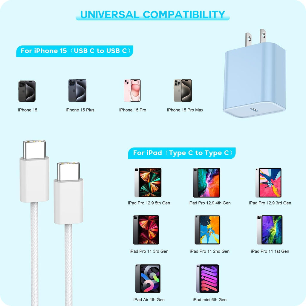 【Apple MFi Certified】20W USB C Fast Charger iPhone 16 15 Charge Block 3Pack 6 FT TypeC Fast Charger Cable for iPhone 16/16 Pro/16 Pro Max/iPhone 15/15 Pro Max/15 Plus All USB C Charging Devices(Blue)