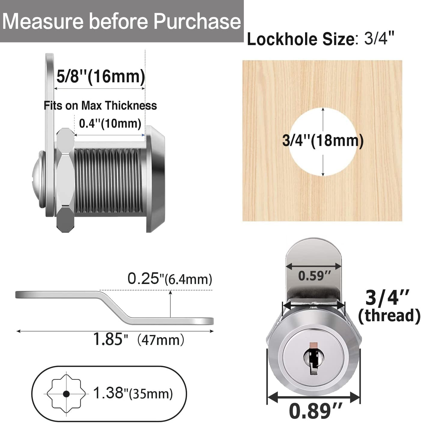 Cabinet Cam Locks Keyed Alike, 5/8'' Fits on 3/8'' Max Door Thickness, Secure File Drawer Mailbox RV Storage Replacement Set, Zinc Alloy (5/8 Inch 10Pcs)