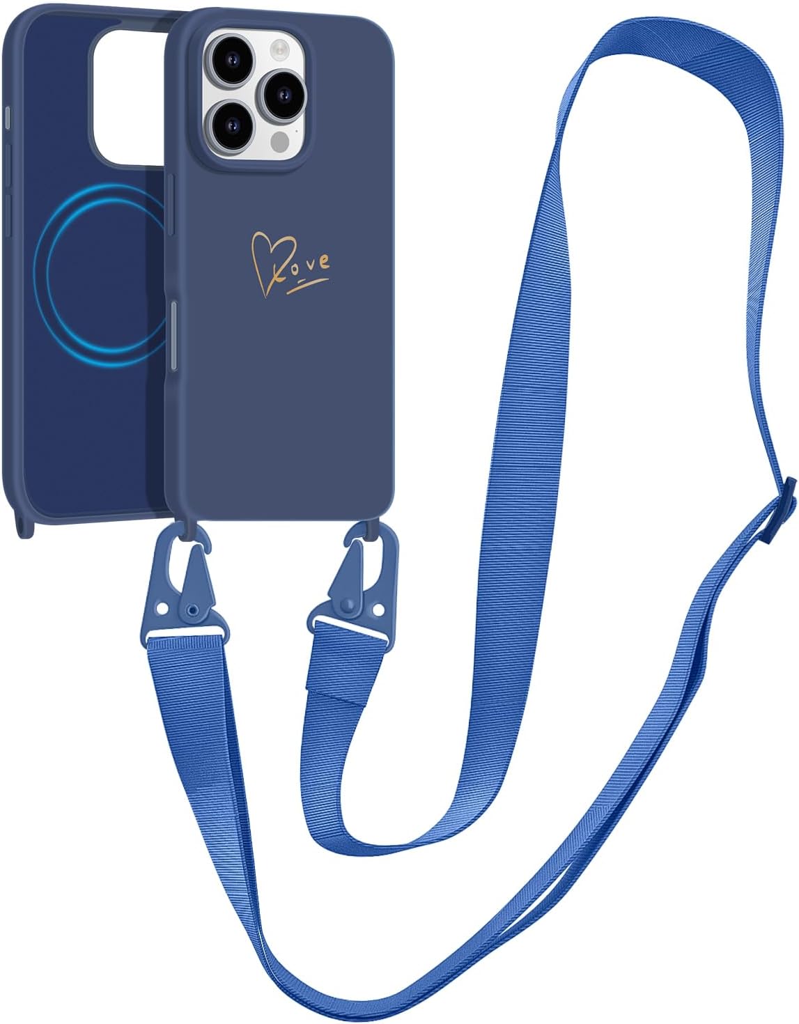 Crossbody Case for iPhone 16 Pro with Strap, [Compatible with MagSafe], Cute Love Heart Silicone Phone Case with Neck Lanyard for Girls Women