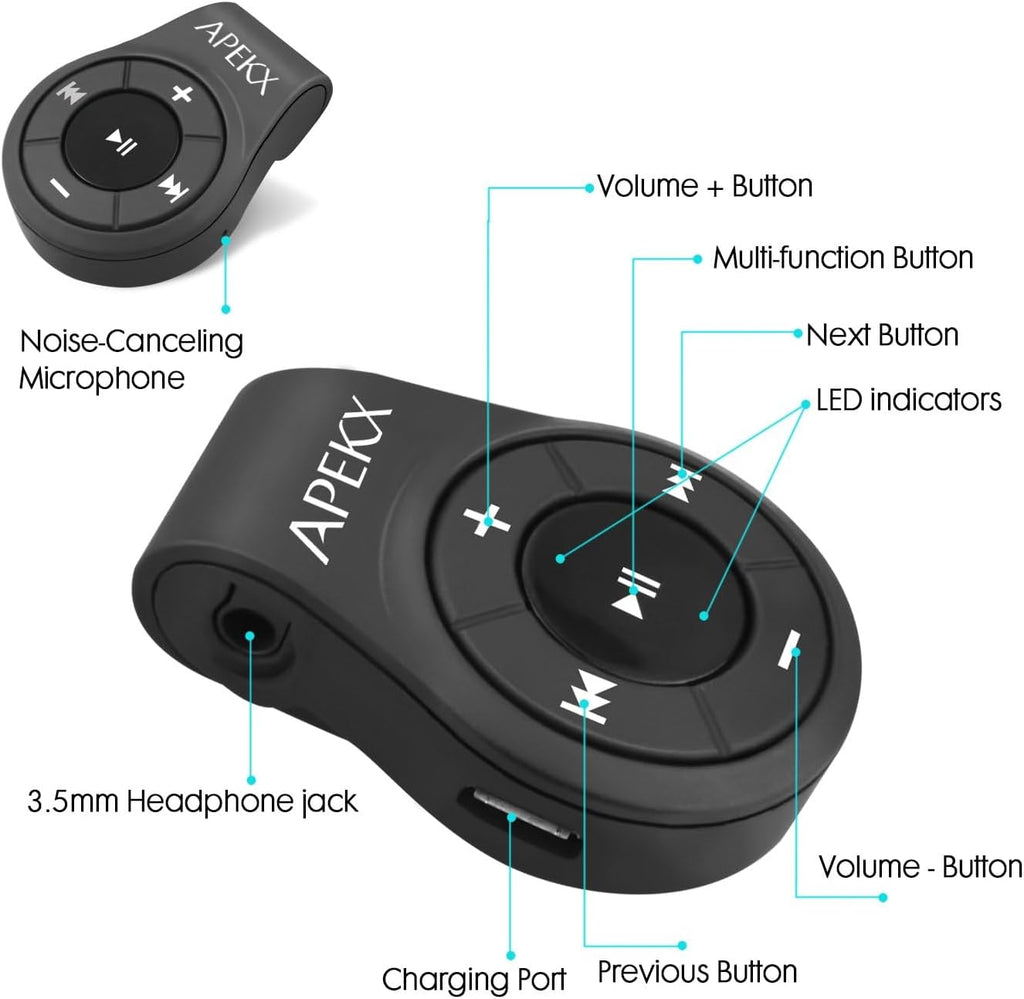 APEKX Clip Bluetooth Audio Adapter for Headphones, Headset, Speaker, Wireless Receiver with MIC for Hands-Released Call and Music