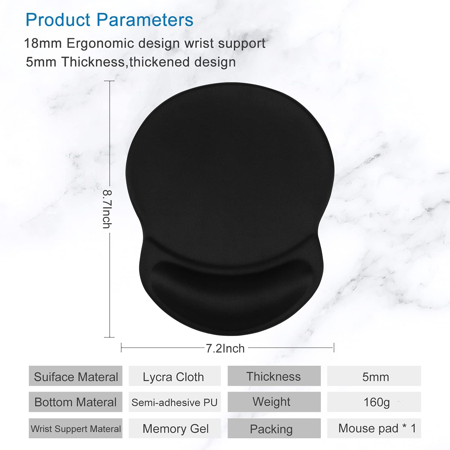 ITNRSIIET Ergonomic Mouse Pad with Gel Wrist Rest Support Gaming Small Wrist Rest Smooth Surface Non-Slip PU Base Comfortable Office Supplies Pain Relief, 8.7 x 7.2 inches, Black