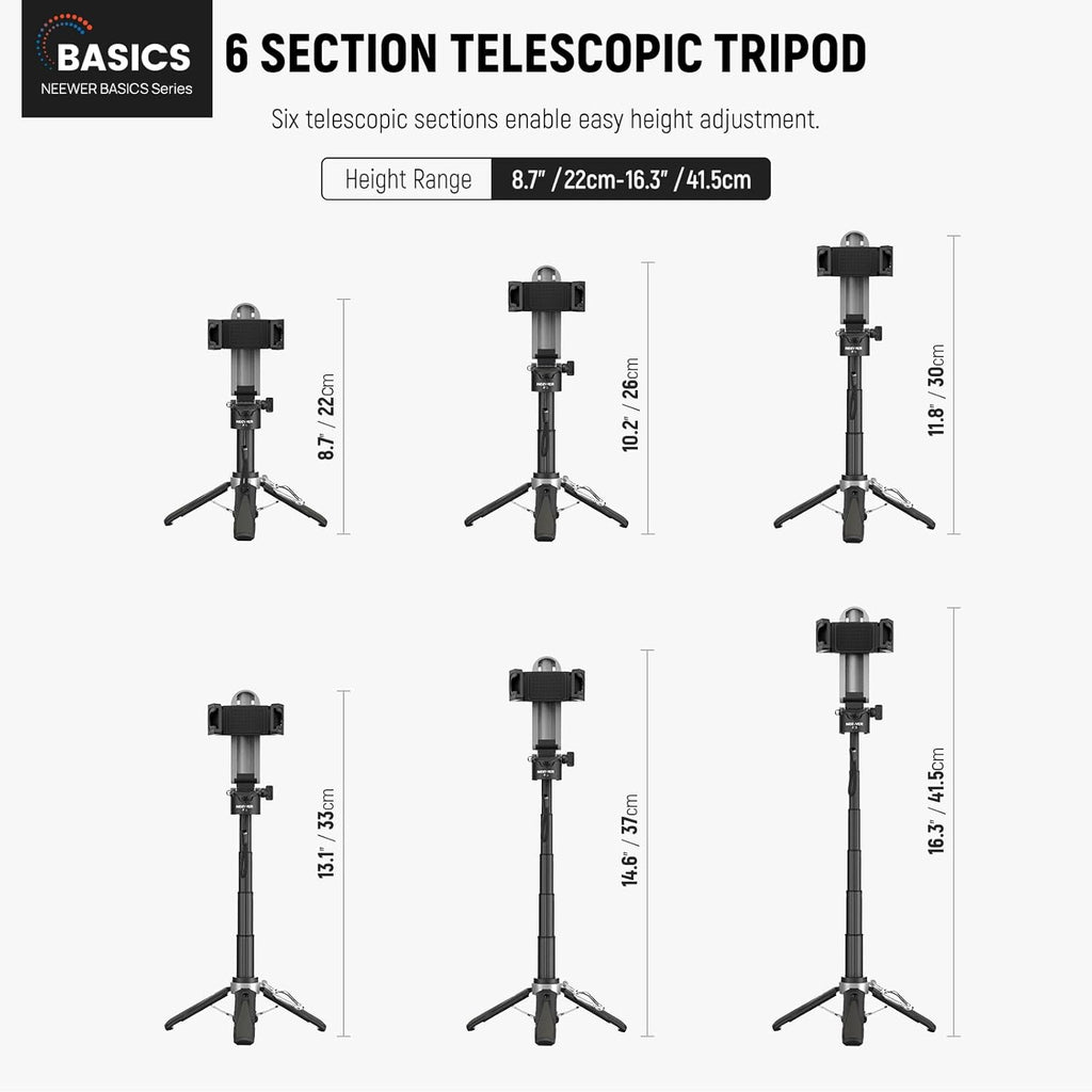 NEEWER Selfie Stick Tripod for iPhone, Lightweight Foldable Mini Travel 360° Desk Stand with Cell Phone Holder Cold Shoe for Video Recording Vlog Streaming, Remote Shutter & Cleaning Cloth, P15 Black