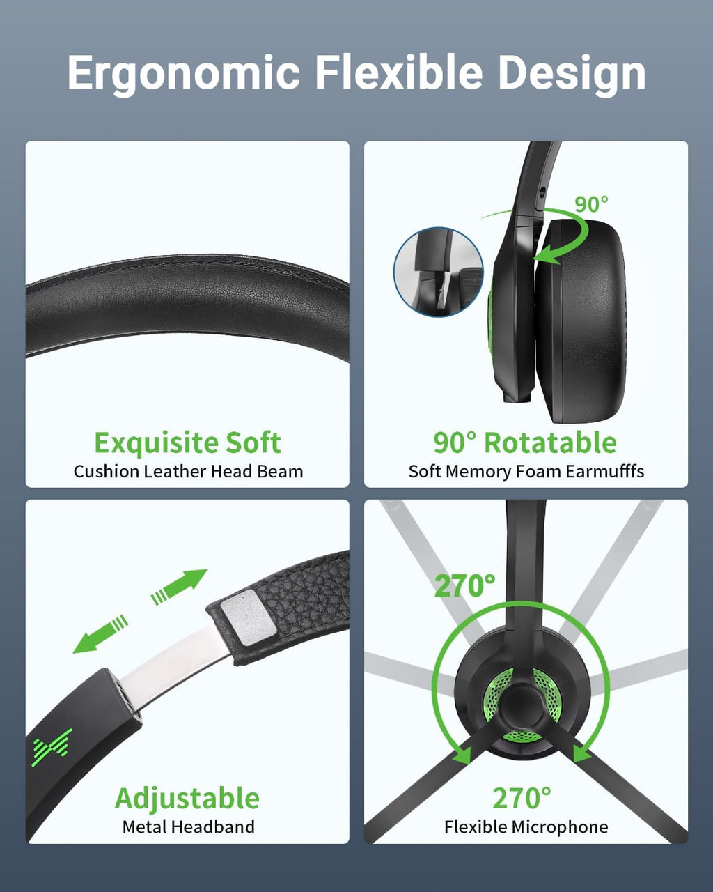 Wireless Headset with AI Noise Cancelling Microphone Bluetooth Headset - Bluetooth V5.2 Headphones with USB Dongle, Charging Base & Mic Mute for Computer/Laptop/PC/iPhone/Android/Cell Phones-Green