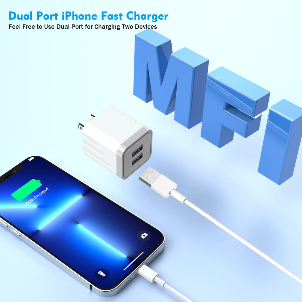 iPhone Charger, 2Pack 2 Port Dual Port USB Cube Wall Charger 2.1A Apple Fast Charging 6FT Nylon Braided Lightning Cable Cord with Plug Compatible with iPhone 14/13/12/11 Pro Max XS XR X 8 7 6S 6 Plus
