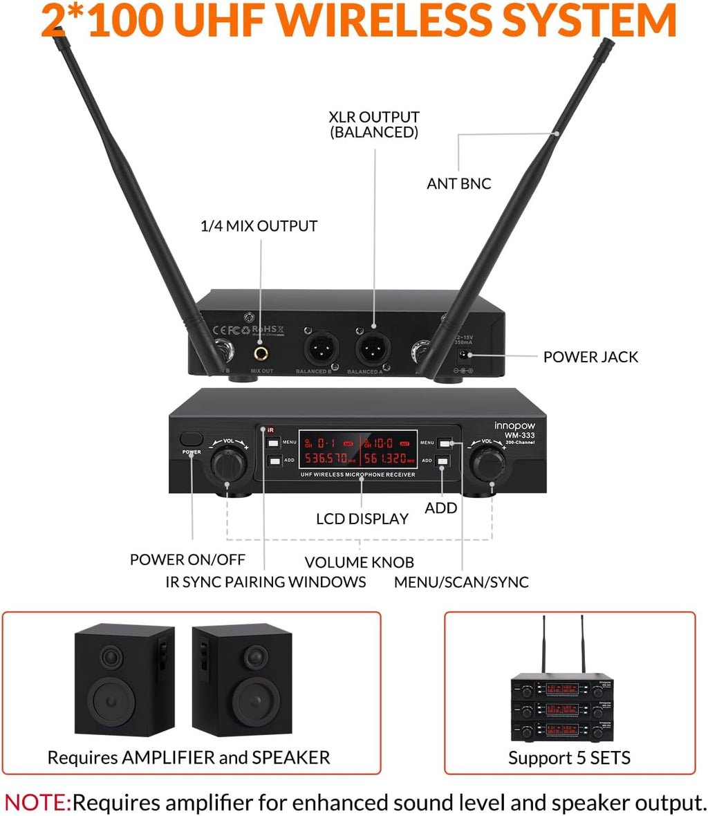 200-Channel Wireless Microphone, Wireless Lavalier Microphone Dual UHF Bodypack Cordless Lavalier Mic System Set