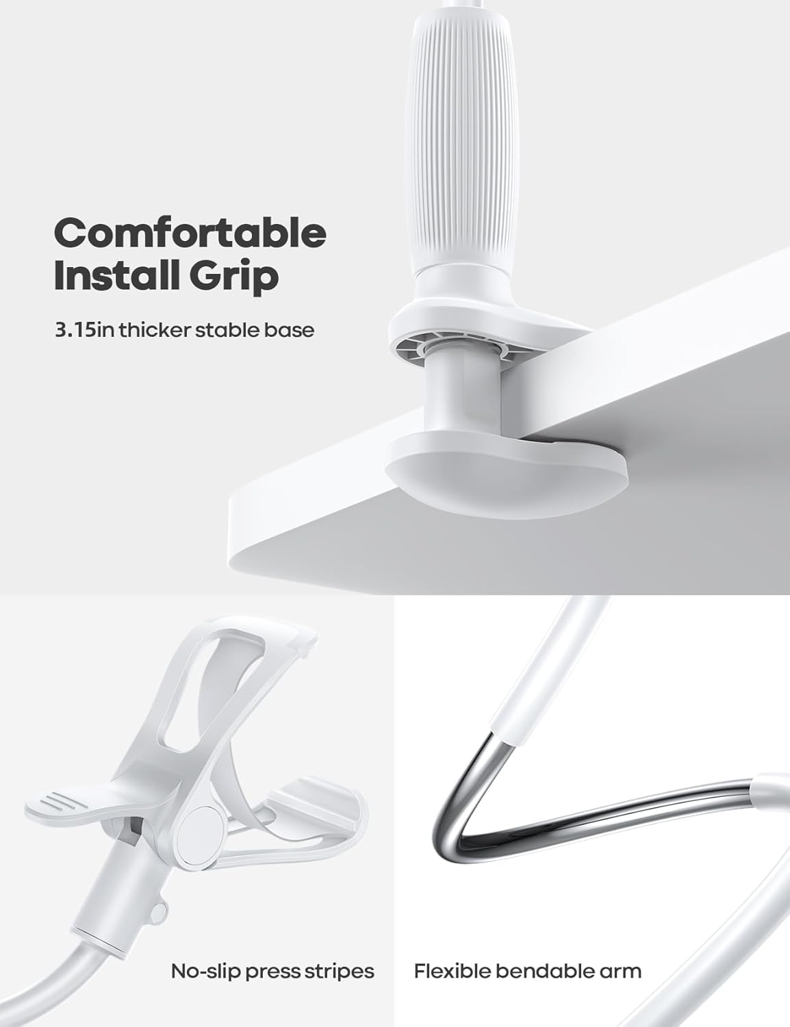 Lamicall Gooseneck Phone Holder for Bed - 360 Adjustable Clamp Clip, Overhead Cell Phone Mount Stand for Desk, Compatible with All Cellphone, White
