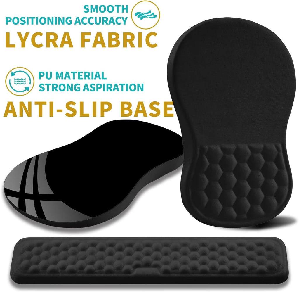 Hokafenle 2 in 1 Ergonomic Mouse Pad Wrist Support & Wrist Rest for Computer Keyboard Set, with Relieve Carpal Tunnel Pain Massage Bulge and Full Memory Gel Design (2In1 Set, Black)