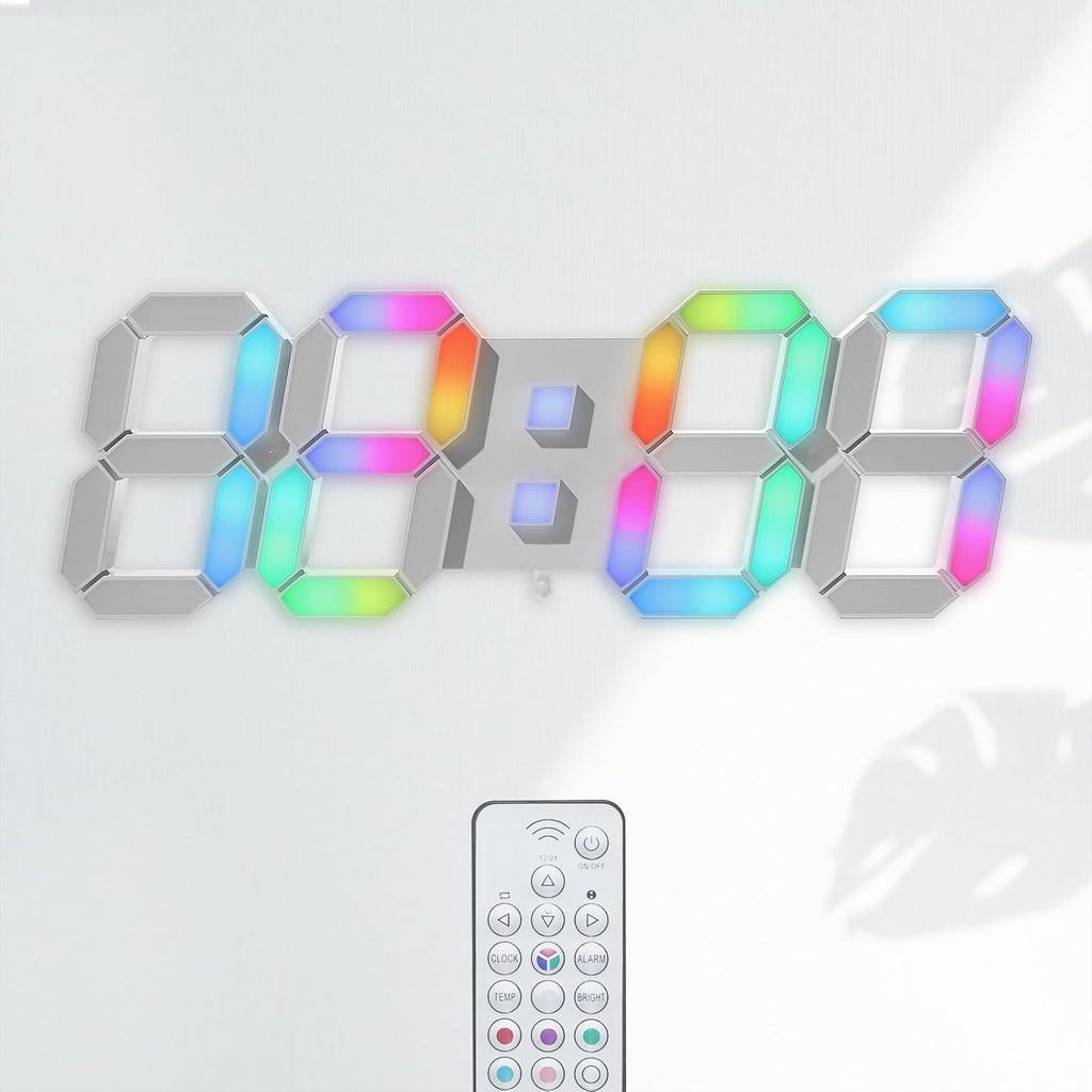 KOSUMOSU LED Wall Clock 15" RGB Digital LED Clock for Living Room Decor, Large Display Gaming Room Clocks, Dimming/12/24 Hr Time/Date/Temp/Remote (White Clock with Neon Light)