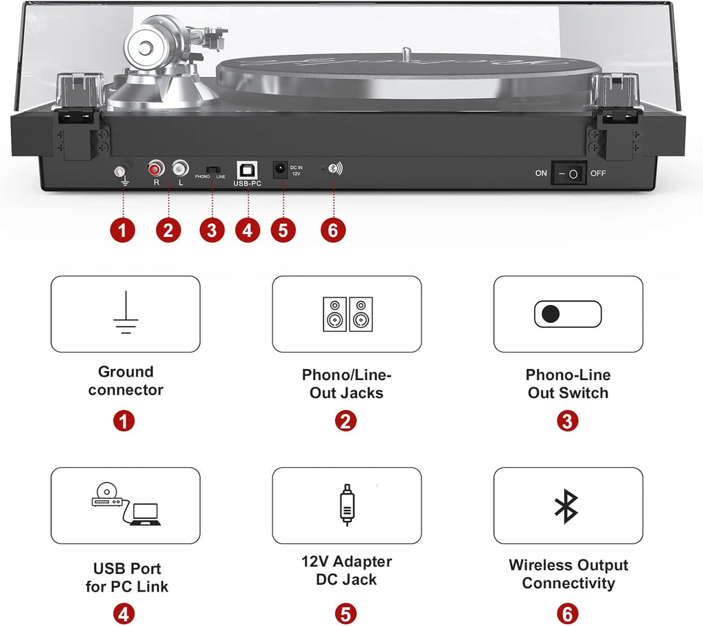 Turntables Belt-Drive Record Player with Wireless Output Connectivity, Vinyl Player Support 33&45 RPM Speed Phono Line USB Digital to PC Recording with Advanced Magnetic Cartridge&Counterweight Black