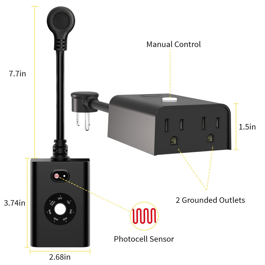 Minoston Outdoor Timer Outlet Waterproof with Remote, 2 Outlets Dusk to Dawn Plug, Light Sensor Countdown Timer 2 4 6 8 Hours 100Ft Remote Control Home Garden(MP42T)