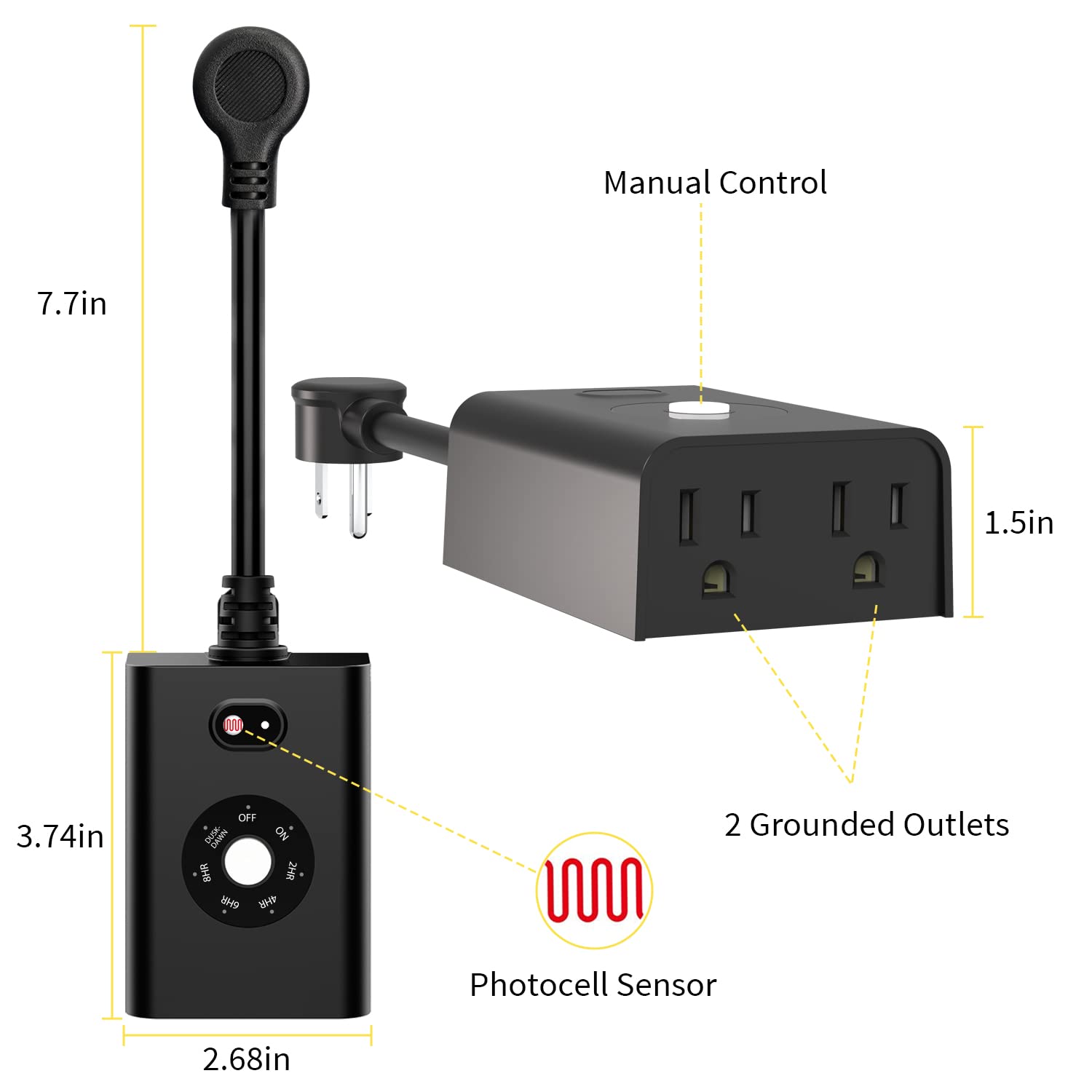 Minoston Outdoor Timer Outlet Waterproof with Remote, 2 Outlets Dusk to Dawn Plug, Light Sensor Countdown Timer 2 4 6 8 Hours 100Ft Remote Control Home Garden(MP42T)