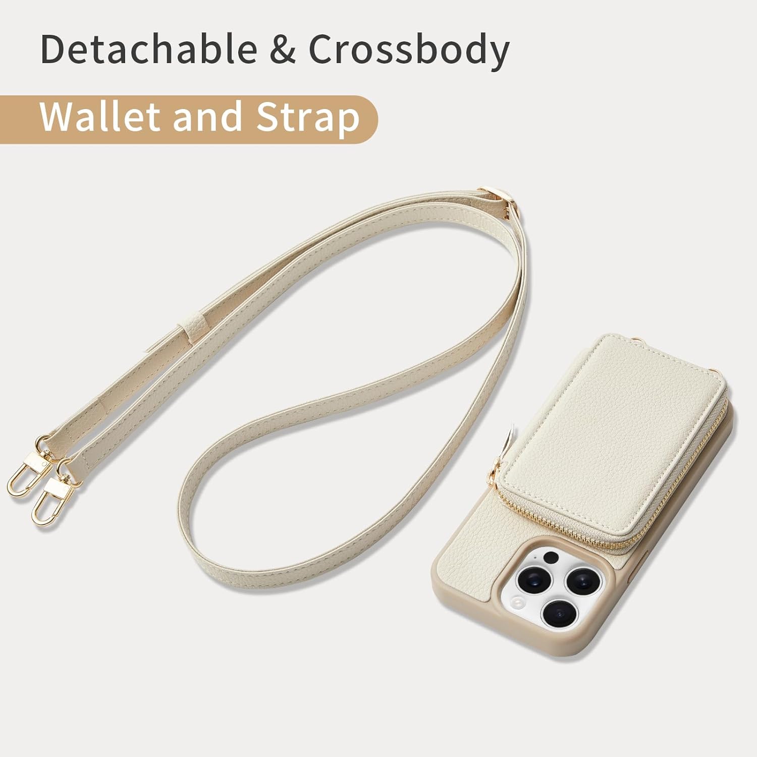 ZVE for iPhone 15 Pro Wallet Case with Card Holder, Phone Cover for Women, Zipper Leather RFID Blocking Purse with Wrist Crossbody Strap for iPhone 15 Pro (6.1 inch)- Beige