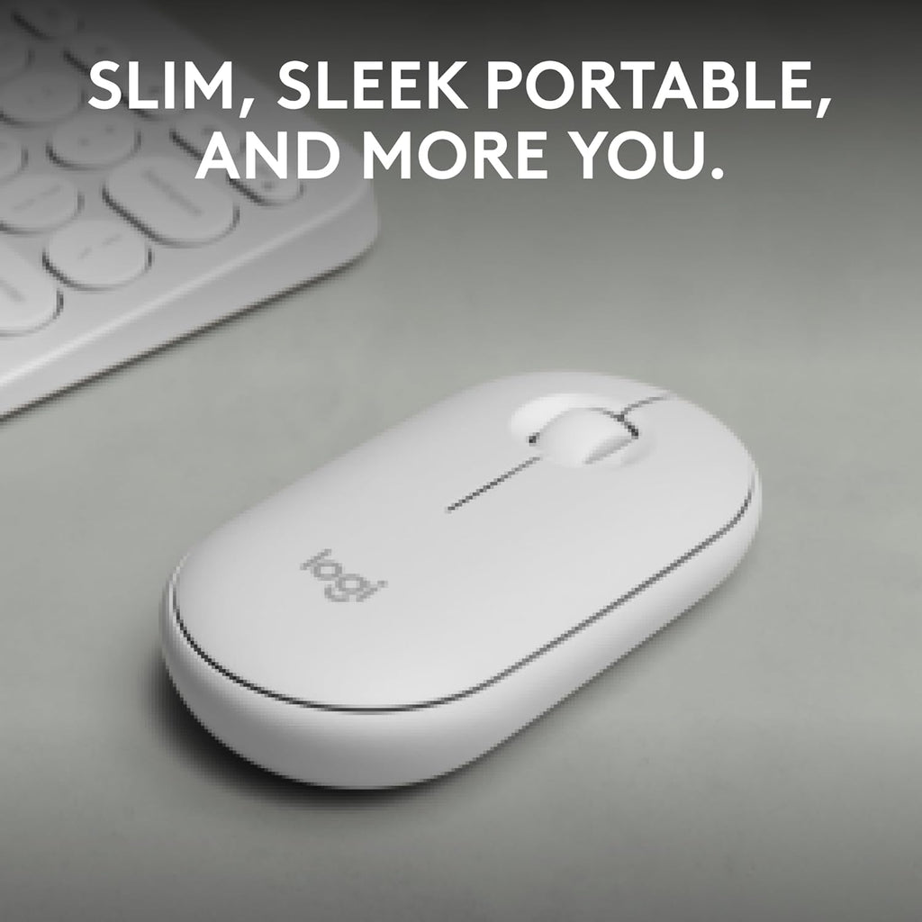 Logitech Pebble Mouse 2 M350s Slim Bluetooth Wireless Mouse, Portable, Lightweight, Customizable Button, Quiet Clicks, Easy-Switch for Windows, macOS, iPadOS, Android, Chrome OS - Tonal White