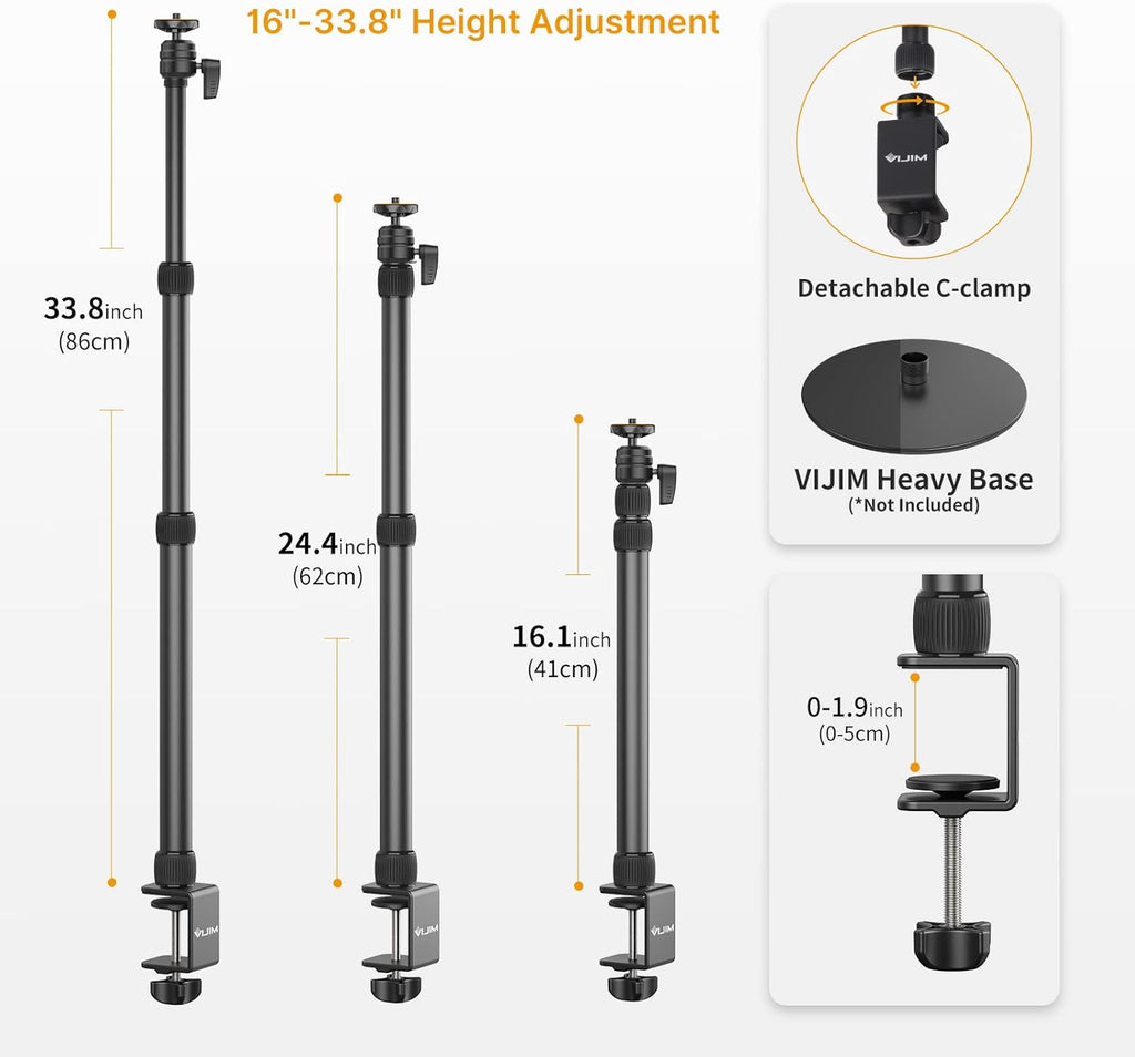 PICTRON LS11 Camera Mount Desk Stand with Auxiliary Holding Arm, Flexible Overhead Camera Webcam Table C-Clamp Multi Stand for Photography Videography Live Stream