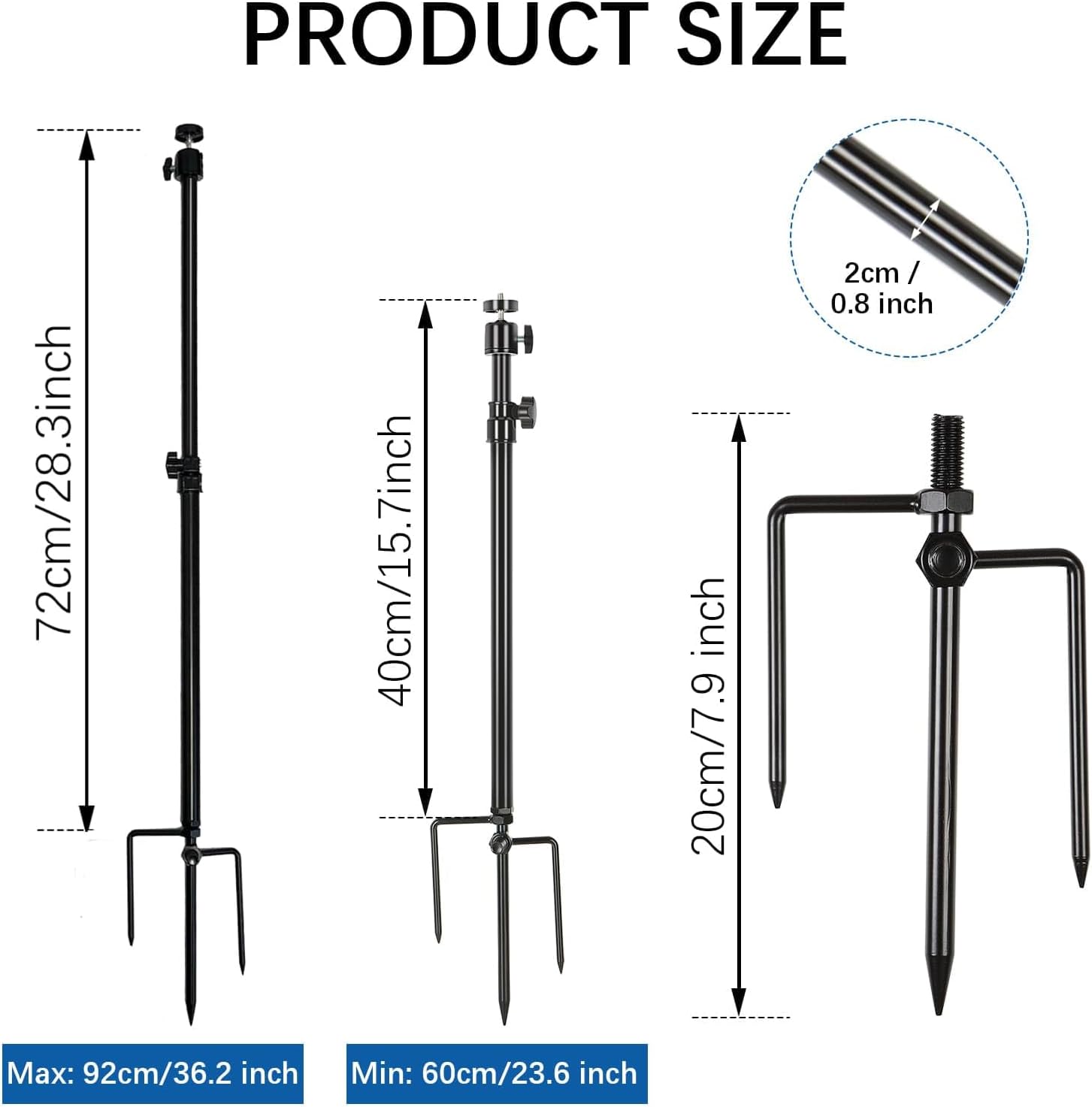 Trail Camera Mount,Height Adjustable (15.7"-28.3") & 360° Rotating Stake,Dual-Mode Base for Soft/Hard Ground Post,Game Cam Stand with 1/4"-20 Thread, Metal pole for Solar Panels,Hunting,Wildlife.2Pcs