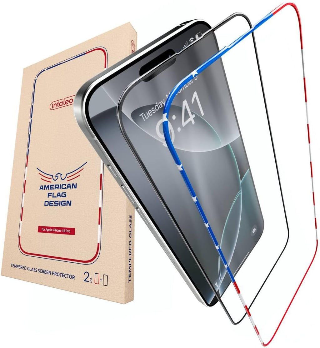Screen Protector for iPhone 16 Pro - 2 Pack (USA Flag Design and Black) - 9H Hardness, Oleophobic Coating, Easy Installation - Tempered Glass Screen Protector for iPhone 16 Pro