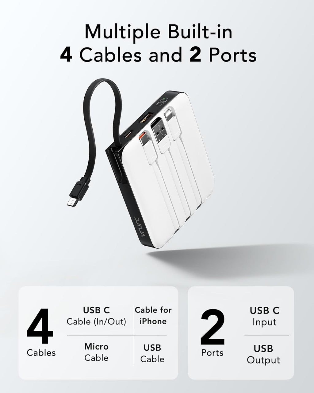 VRURC Portable Charger with Built-in 4 Cables, 10000mAh Battery Pack PD 20W for iPhone, 22.5W USB C Travel Power Bank for iPhone 16 15 14 13 Samsung Galaxy S23 S22 Google Android Phones, Whtie