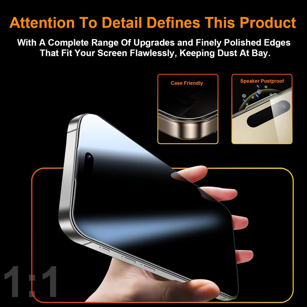 OneFish 2 Pack Privacy Screen Protector for iPhone 14 Pro - 4-Way 360° Anti-Spy Tempered Glass, 9H Hardness, 3D Curved Edges, Case-Friendly & Easy Installation