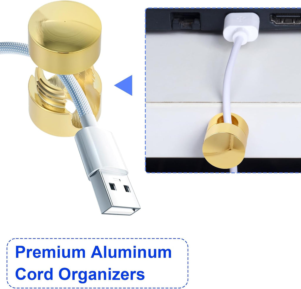 6 Sets Charger Holders for Cords, Gold Adjustable Cable Anchor Holders, Adhesive Metal Cord Clips, Cable Management Wire Organizers for Desk, Office, Nightstand