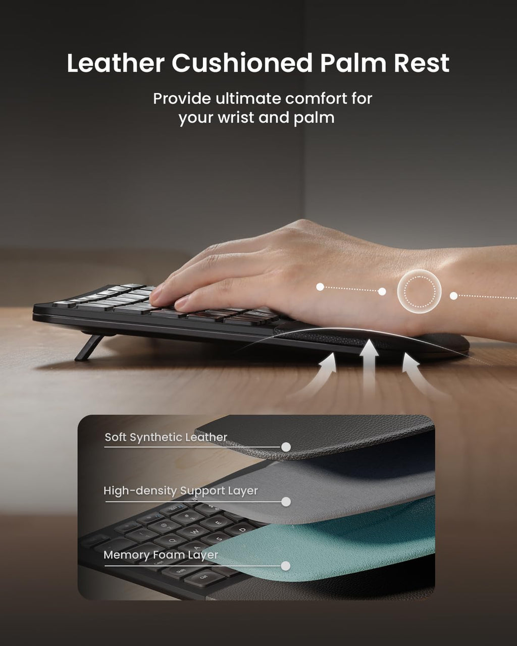ProtoArc Ergonomic Wireless Keyboard Mouse, EKM01 Plus Full Size Ergo Bluetooth Keyboard Mouse Combo, Split Design, Wrist Rest, Multi-Device, Rechargeable, for Windows/Mac OS - Black
