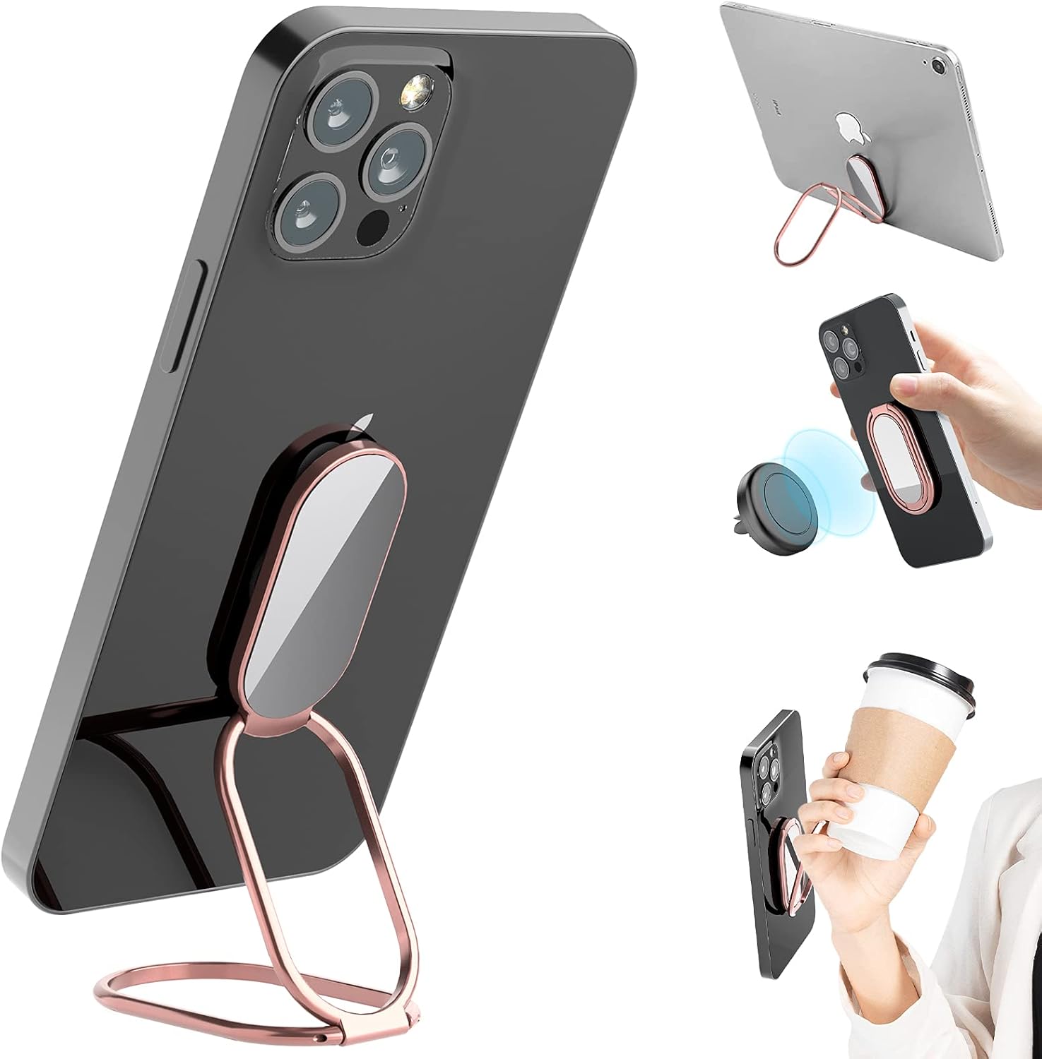 Phone Ring Holder Finger Kickstand, 360° Rotation Metal Phone Grip for Magnetic Car Mount Foldable Cell Phone Stand Compatible with Most Smartphones