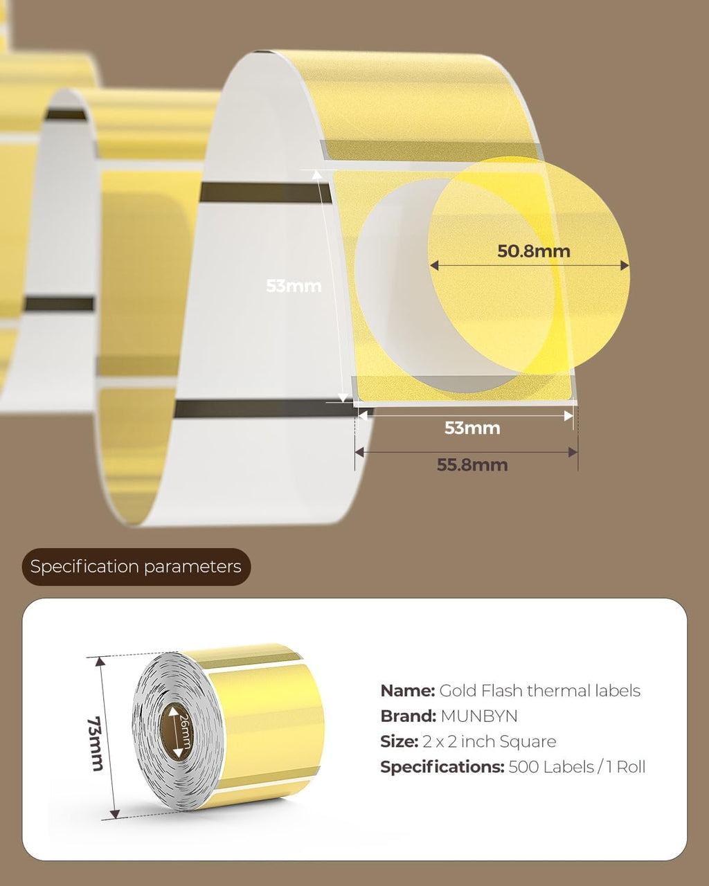 MUNBYN 2 Inch (50.8X 50.8mm) Gold Transparent Thermal Labels, Round Fine Glitter Printable Thermal Stickers for Small Businesses, 500 Labels/1 Roll