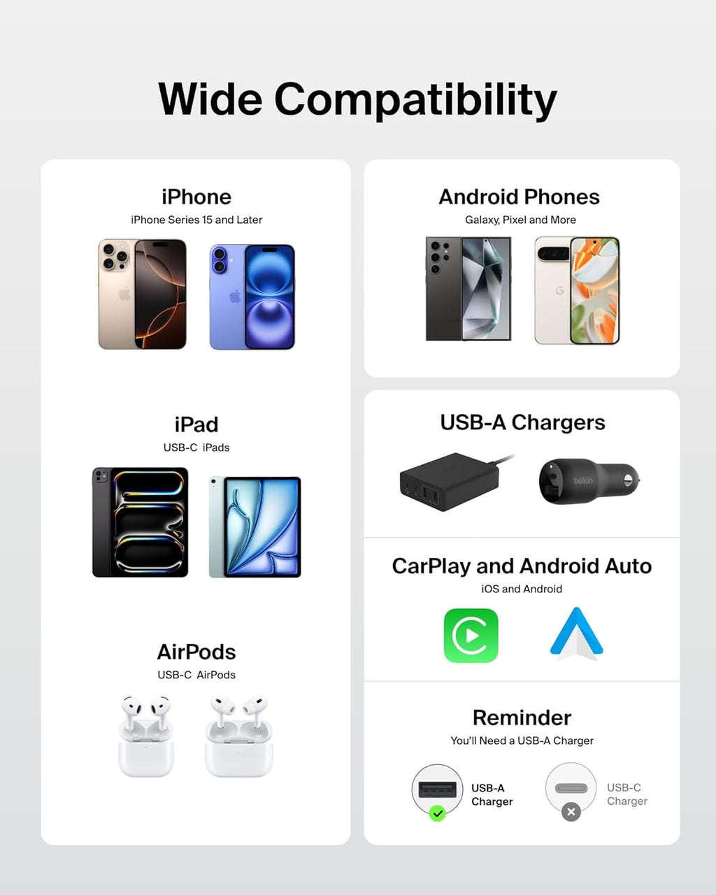 Belkin USB A to USB C Cable 2-Pack, 6.6ft, 15W - Type C Charger, iPhone Charger Cord, Soft, Braided, Flexible for iPhone 16 & 15, Galaxy S25, Pixel 9, iPad Pro, Airpods Pro, Switch & More - White