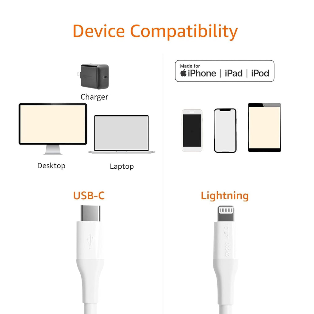 Amazon Basics MFi Certified USB-C to Lightning Fast Charging Cable for Apple iPhone, Nylon Braided, 10 ft, White