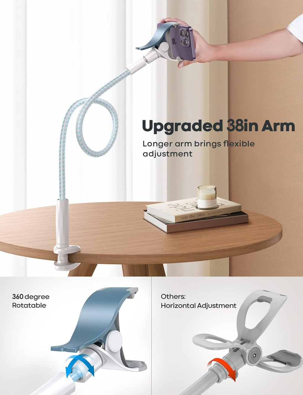 Lamicall Gooseneck Phone Holder Bed - [Nylon Braided] Flexible Arm, Overall Length 38inch, 360 Adjustable Clamp Clip, Overhead Cell Phone Mount Stand for Bed, Blue White