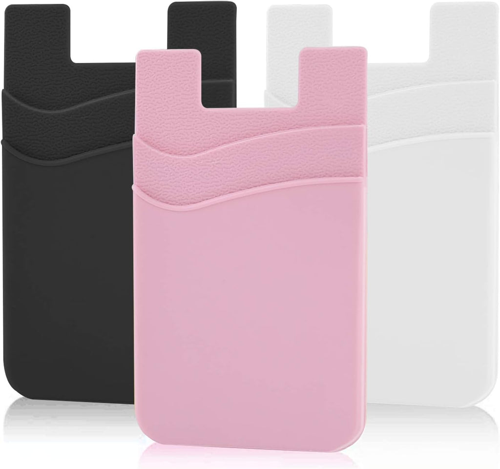 SS Phone Wallet, Phone Card Holder Pocket Pouch Stick on for Phone Cases Silicone Double Pockets Suitable for iPhone, Android, Samsung Galaxy 3 Pack